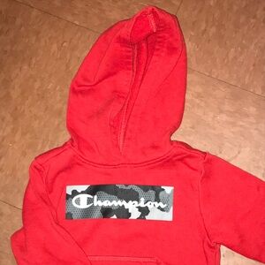 Champion Sweatsuit. Red Pullover Hoodie with Kangaroo pockets. Gray Sweat pants